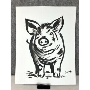 Original Pig Painting On Mixed Media Paper 11x14 Farmhouse Animal Art Rustic